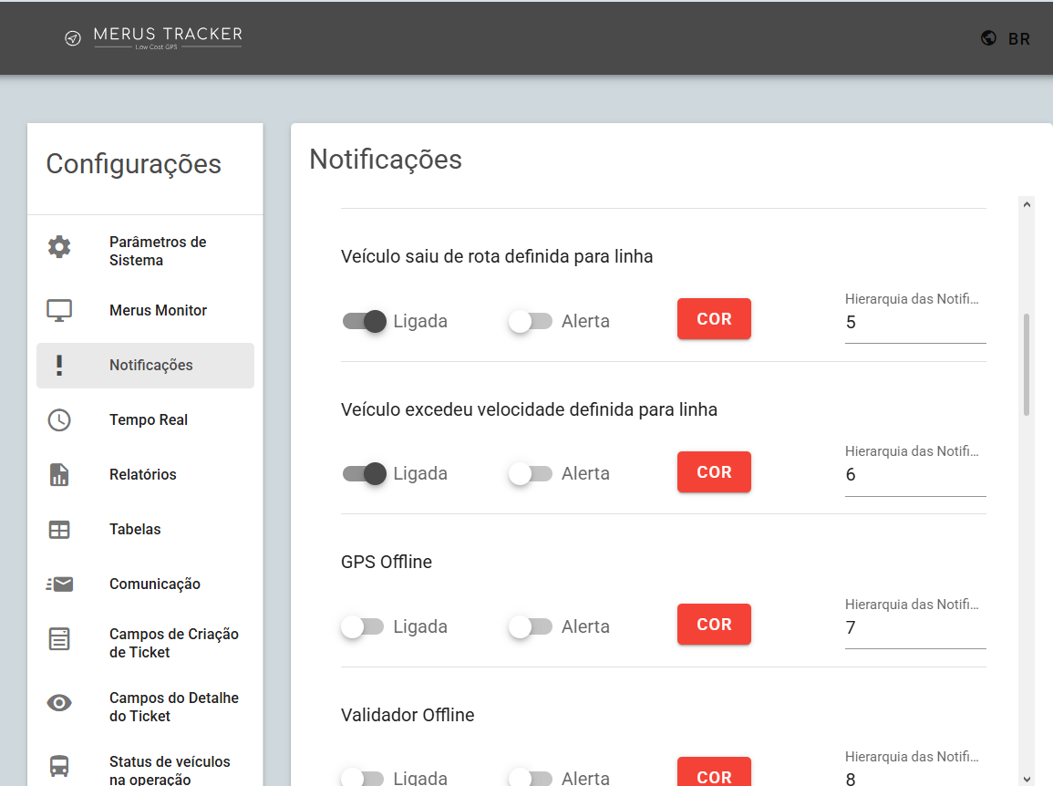 Configuração de notificações do Merus