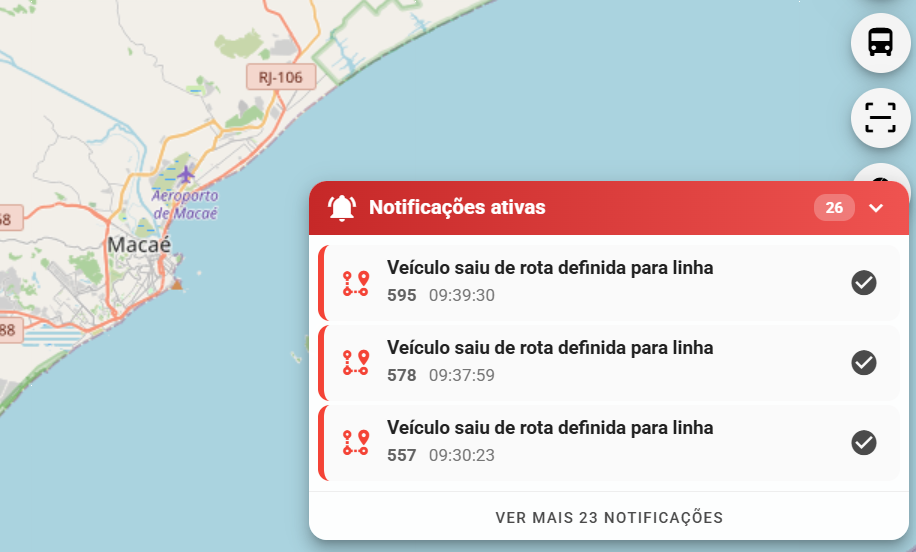 Alertas ativos no mapa da operação de Macaé